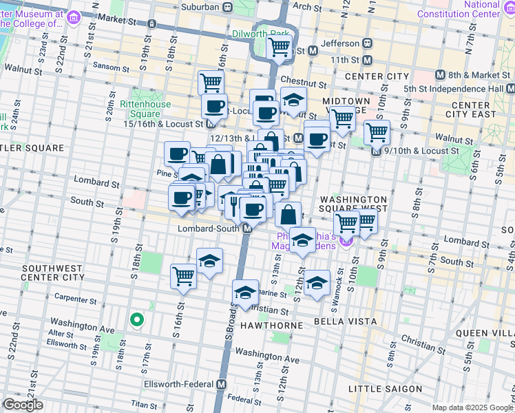 map of restaurants, bars, coffee shops, grocery stores, and more near in Philadelphia