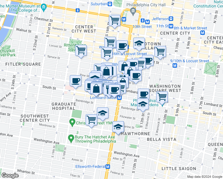 map of restaurants, bars, coffee shops, grocery stores, and more near 1431 Lombard Street in Philadelphia