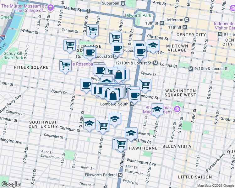 map of restaurants, bars, coffee shops, grocery stores, and more near 1523 Lombard Street in Philadelphia