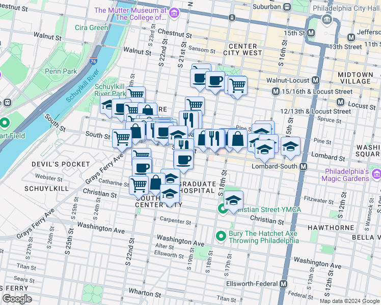 map of restaurants, bars, coffee shops, grocery stores, and more near 2007a South Street in Philadelphia