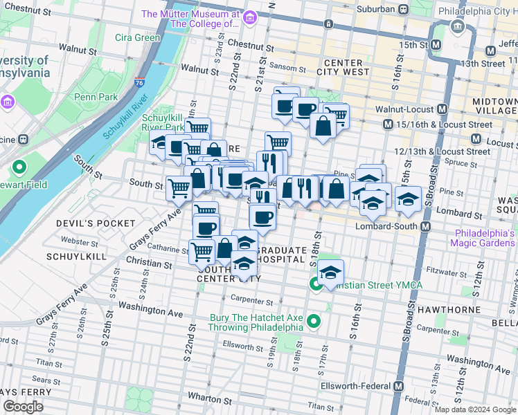 map of restaurants, bars, coffee shops, grocery stores, and more near 2007a South Street in Philadelphia