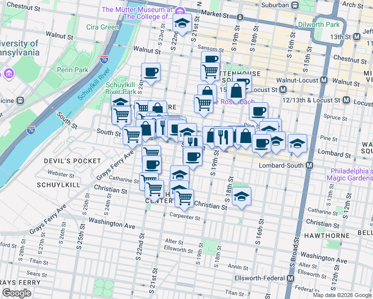 map of restaurants, bars, coffee shops, grocery stores, and more near 2007a South Street in Philadelphia
