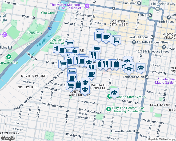 map of restaurants, bars, coffee shops, grocery stores, and more near 2007a South Street in Philadelphia