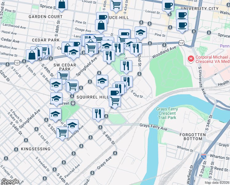 map of restaurants, bars, coffee shops, grocery stores, and more near 1251 South 46th Street in Philadelphia