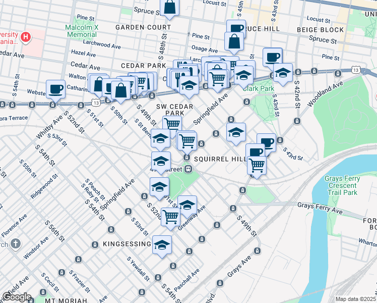 map of restaurants, bars, coffee shops, grocery stores, and more near 4823 Chester Avenue in Philadelphia
