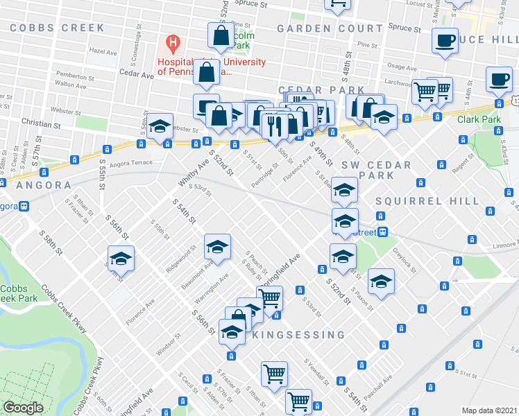 map of restaurants, bars, coffee shops, grocery stores, and more near 1001 South 52nd Street in Philadelphia
