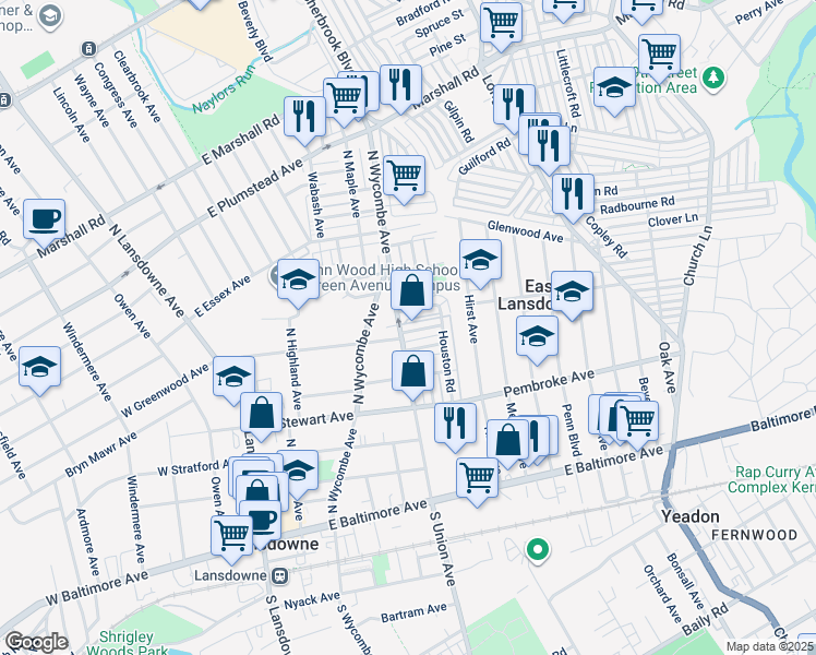 map of restaurants, bars, coffee shops, grocery stores, and more near 306 East Essex Avenue in Lansdowne