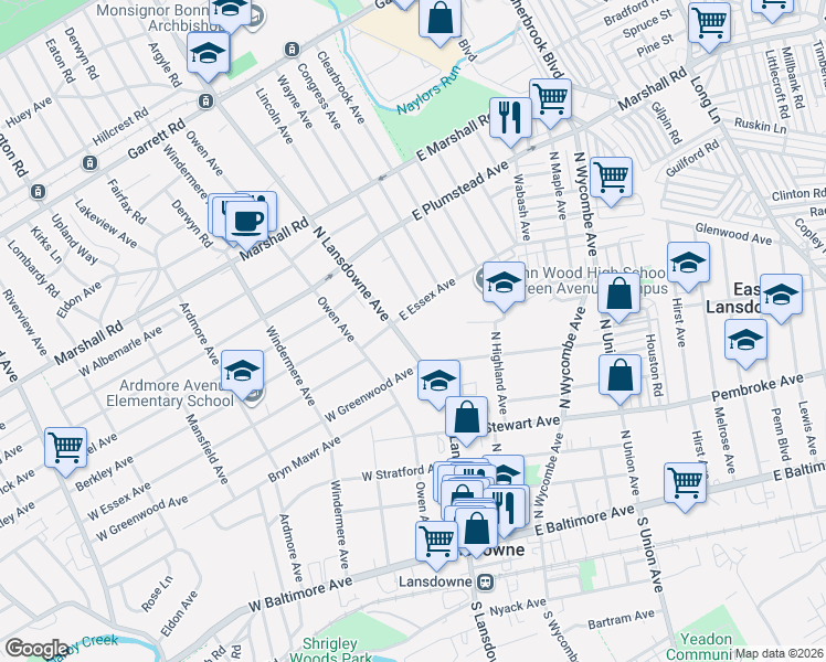 map of restaurants, bars, coffee shops, grocery stores, and more near 18 East Essex Avenue in Lansdowne
