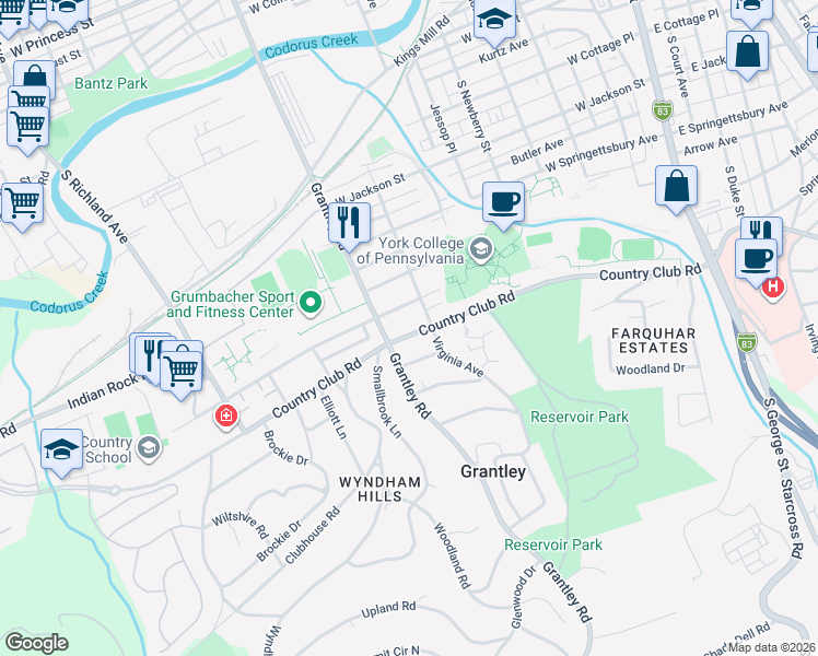 map of restaurants, bars, coffee shops, grocery stores, and more near 516 Colonial Avenue in York