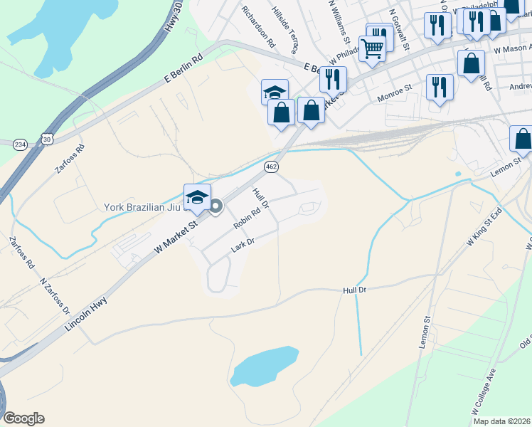 map of restaurants, bars, coffee shops, grocery stores, and more near 91 Hull Drive in York