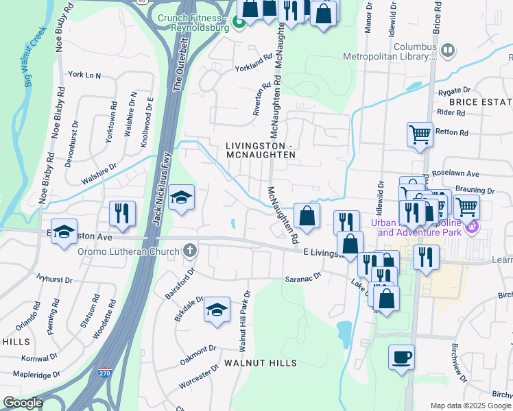 map of restaurants, bars, coffee shops, grocery stores, and more near 5942 Little Brook Way in Columbus