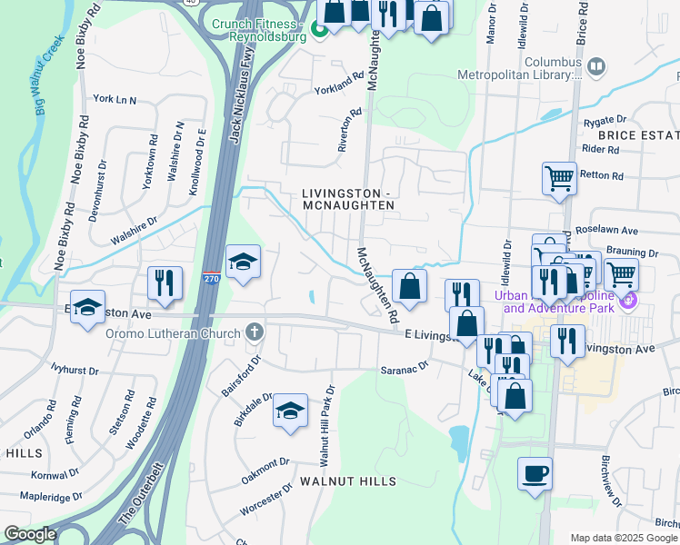 map of restaurants, bars, coffee shops, grocery stores, and more near 5942 Little Brook Way in Columbus