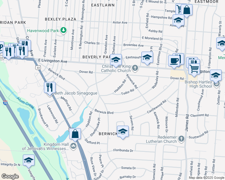 map of restaurants, bars, coffee shops, grocery stores, and more near 1227 Haddon Road in Columbus