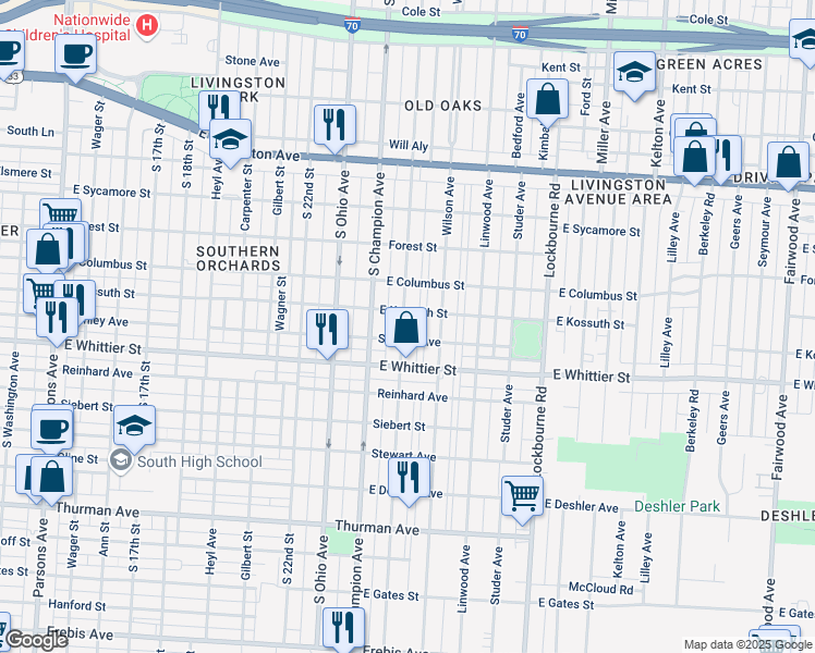 map of restaurants, bars, coffee shops, grocery stores, and more near 997 Oakwood Avenue in Columbus