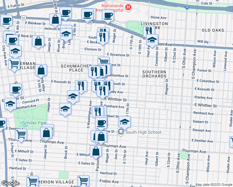 map of restaurants, bars, coffee shops, grocery stores, and more near 578 Stanley Avenue in Columbus