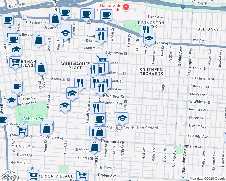 map of restaurants, bars, coffee shops, grocery stores, and more near 578 Stanley Avenue in Columbus
