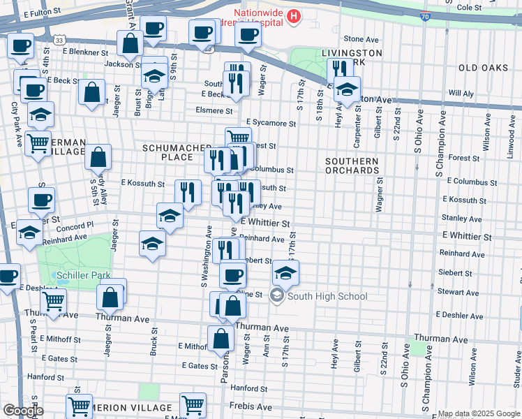 map of restaurants, bars, coffee shops, grocery stores, and more near 578 Stanley Avenue in Columbus
