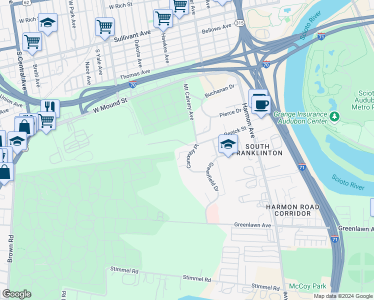 map of restaurants, bars, coffee shops, grocery stores, and more near 713 Canonby Place in Columbus