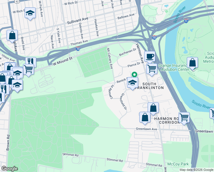 map of restaurants, bars, coffee shops, grocery stores, and more near 713 Canonby Place in Columbus