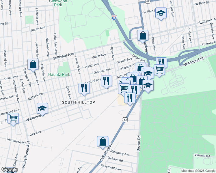 map of restaurants, bars, coffee shops, grocery stores, and more near 1630 Elmer Street in Columbus
