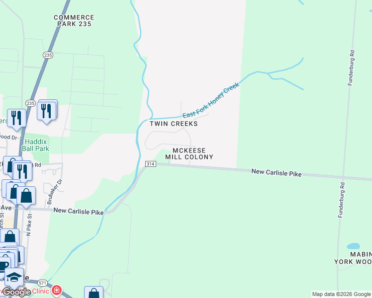 map of restaurants, bars, coffee shops, grocery stores, and more near 625 Colony Trail in New Carlisle