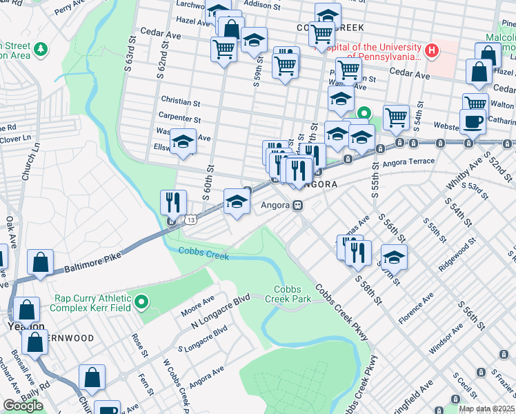 map of restaurants, bars, coffee shops, grocery stores, and more near 5850 Cedarhurst Street in Philadelphia