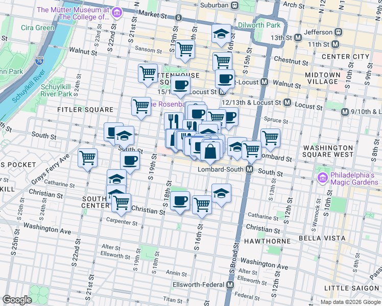 map of restaurants, bars, coffee shops, grocery stores, and more near 520 South 17th Street in Philadelphia