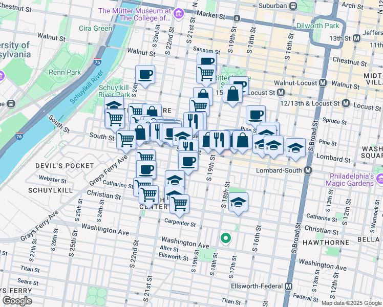 map of restaurants, bars, coffee shops, grocery stores, and more near 2007a South Street in Philadelphia