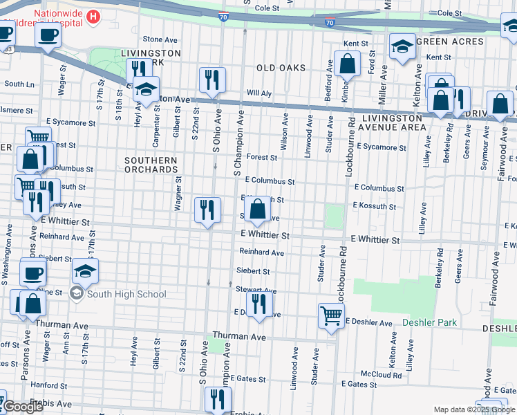 map of restaurants, bars, coffee shops, grocery stores, and more near 997 Oakwood Avenue in Columbus