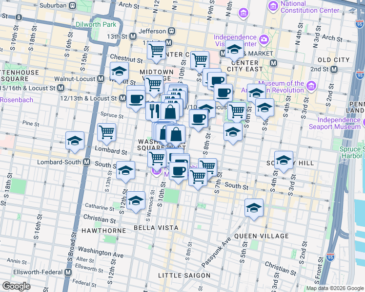 map of restaurants, bars, coffee shops, grocery stores, and more near in Philadelphia