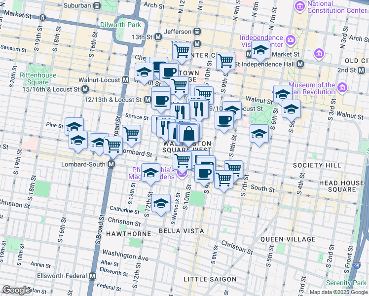 map of restaurants, bars, coffee shops, grocery stores, and more near 1024 Pine Street in Philadelphia