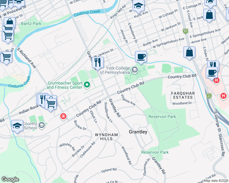 map of restaurants, bars, coffee shops, grocery stores, and more near 516 Colonial Avenue in York