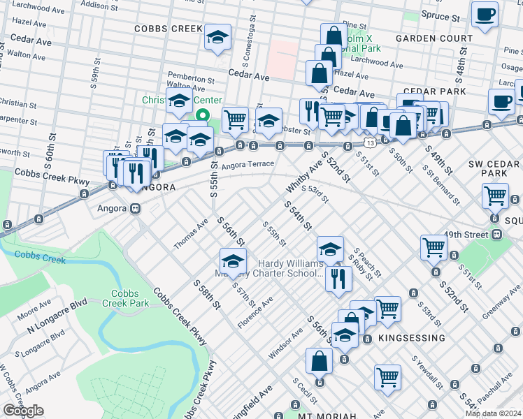map of restaurants, bars, coffee shops, grocery stores, and more near 5431 Whitby Avenue in Philadelphia