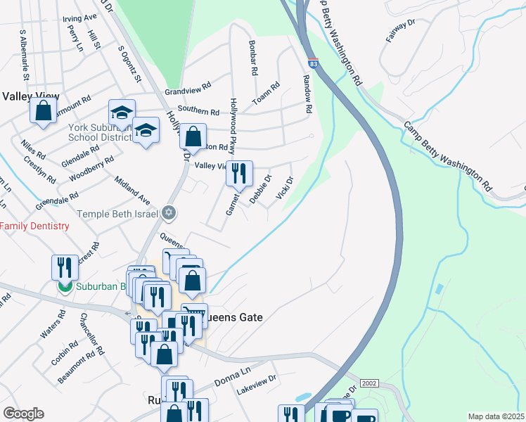 map of restaurants, bars, coffee shops, grocery stores, and more near 1260 Leafydale Drive in York