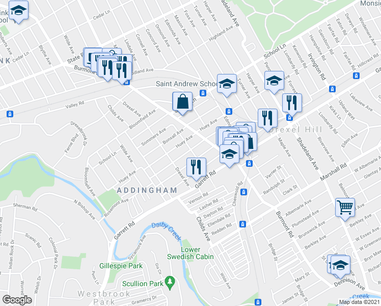map of restaurants, bars, coffee shops, grocery stores, and more near 4002 Taylor Avenue in Upper Darby