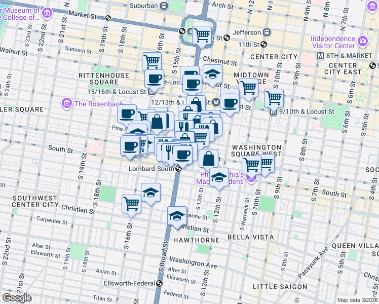 map of restaurants, bars, coffee shops, grocery stores, and more near in Philadelphia