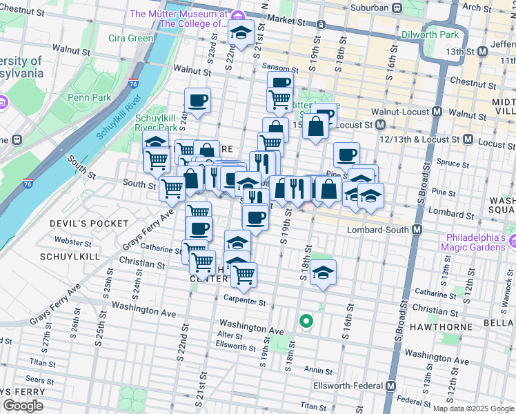 map of restaurants, bars, coffee shops, grocery stores, and more near 2006 South Street in Philadelphia