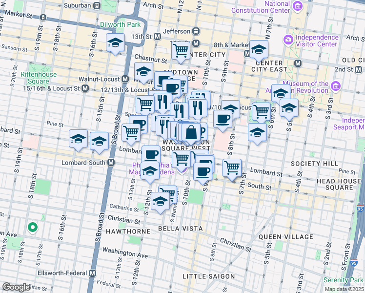 map of restaurants, bars, coffee shops, grocery stores, and more near 1026 Pine Street in Philadelphia