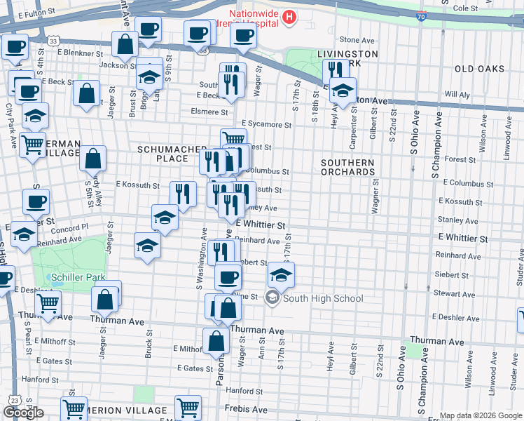 map of restaurants, bars, coffee shops, grocery stores, and more near 578 Stanley Avenue in Columbus