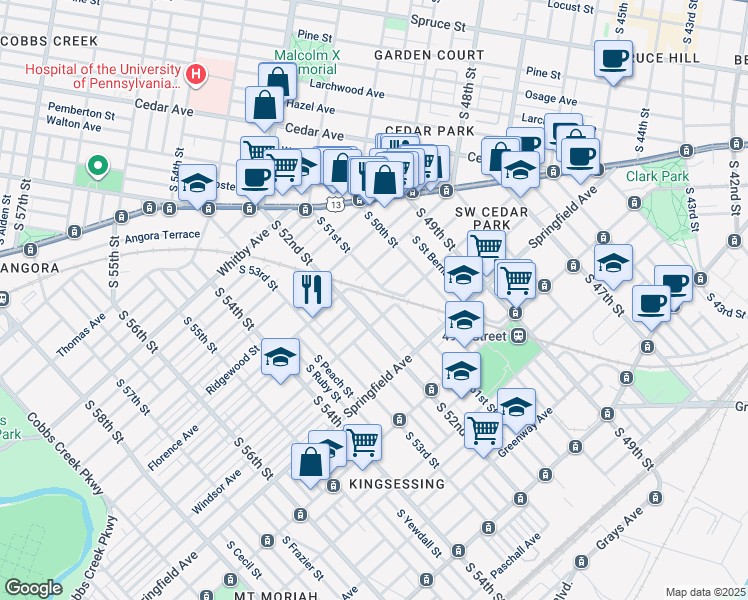map of restaurants, bars, coffee shops, grocery stores, and more near 933 South Paxon Street in Philadelphia