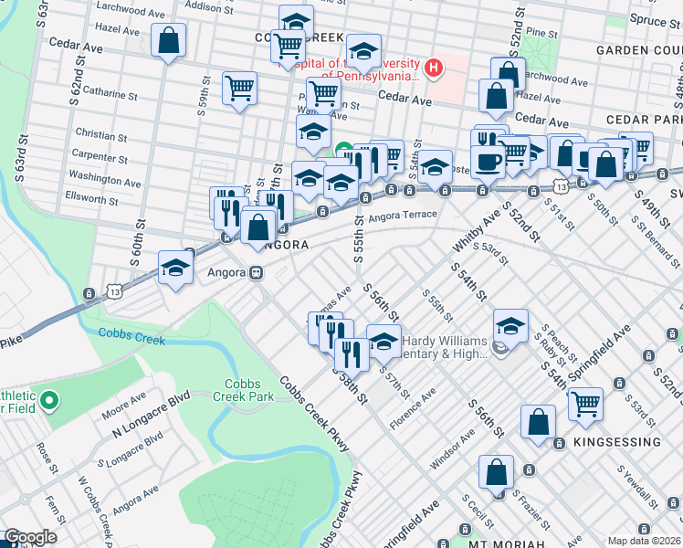 map of restaurants, bars, coffee shops, grocery stores, and more near 1043 South Ithan Street in Philadelphia