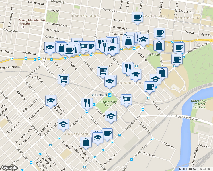 map of restaurants, bars, coffee shops, grocery stores, and more near S 49th St & Trinity Pl in Philadelphia