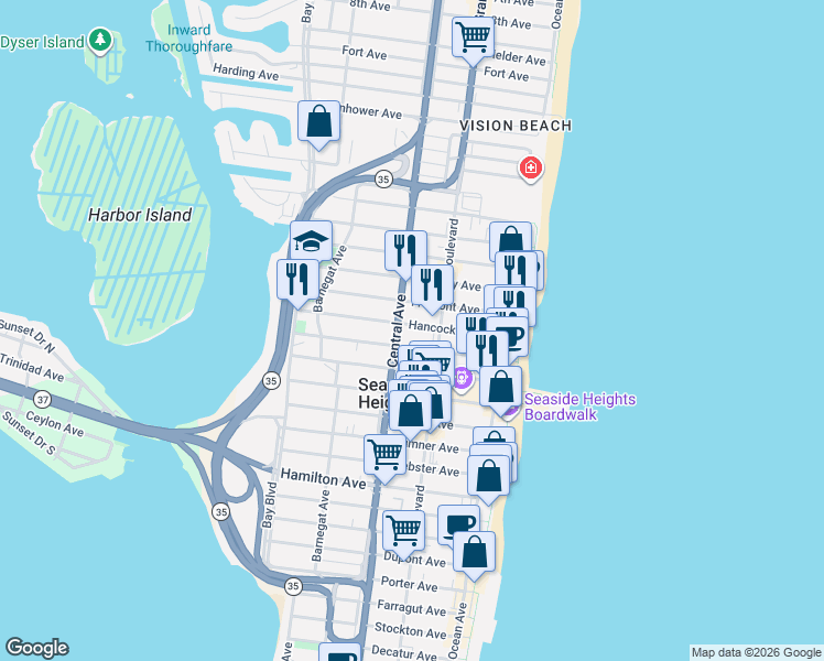 map of restaurants, bars, coffee shops, grocery stores, and more near 129 Hancock Avenue in Seaside Heights