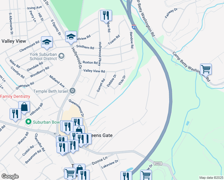 map of restaurants, bars, coffee shops, grocery stores, and more near 1260 Leafydale Drive in York