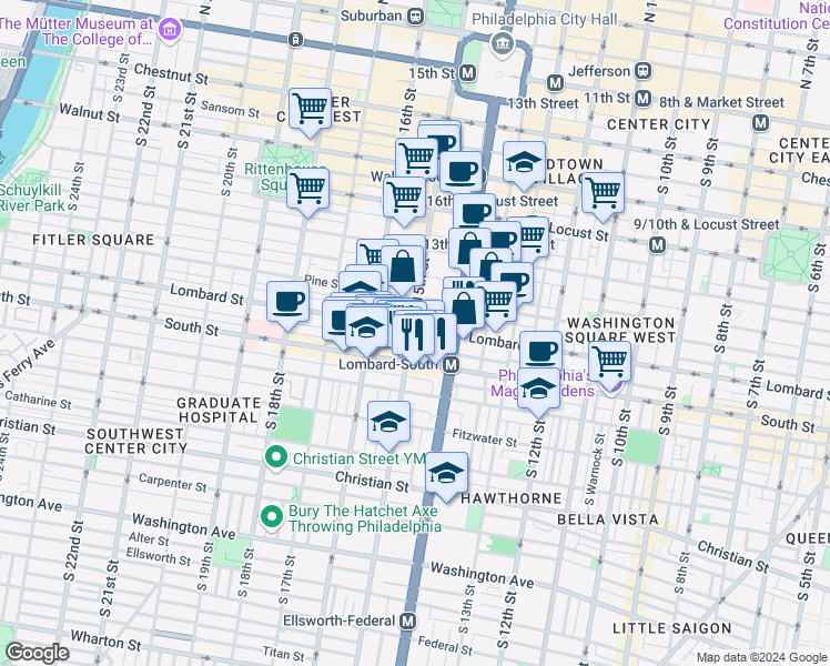 map of restaurants, bars, coffee shops, grocery stores, and more near 1442 Lombard Street in Philadelphia