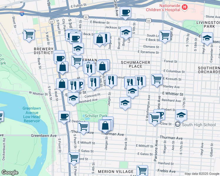 map of restaurants, bars, coffee shops, grocery stores, and more near 247 Lansing Street in Columbus