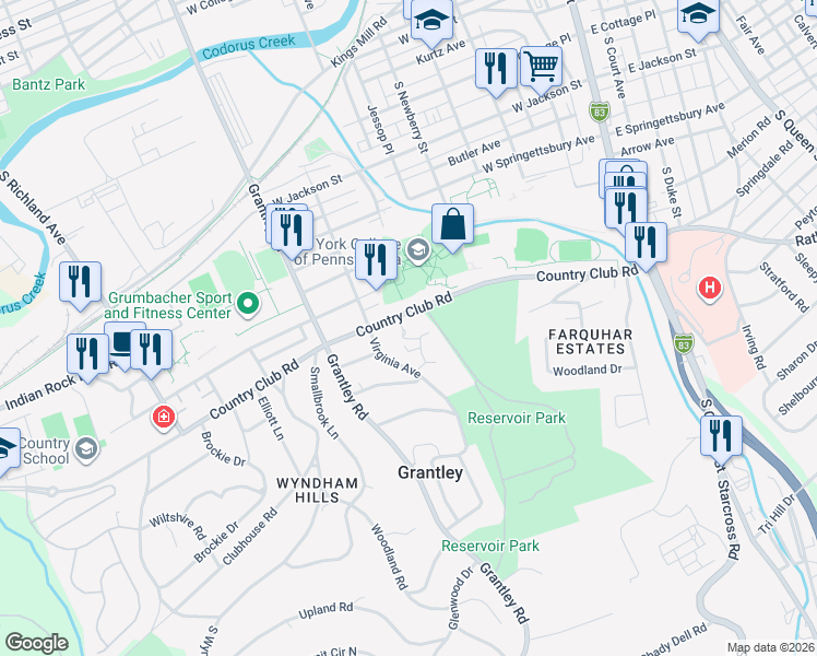 map of restaurants, bars, coffee shops, grocery stores, and more near 458 Country Club Road in York