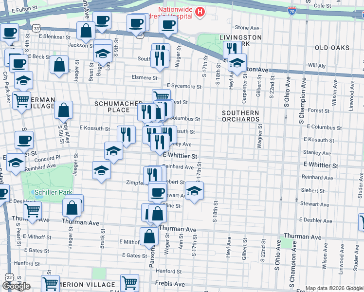 map of restaurants, bars, coffee shops, grocery stores, and more near 605 Stanley Avenue in Columbus