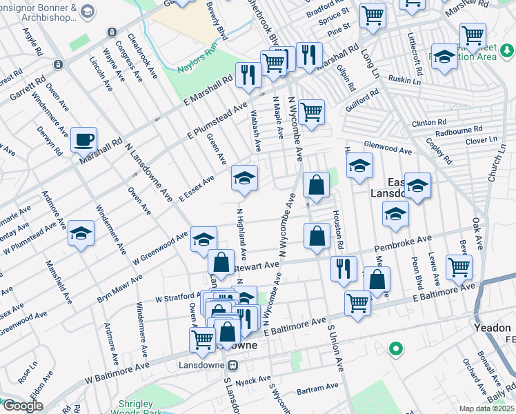 map of restaurants, bars, coffee shops, grocery stores, and more near 85 East Greenwood Avenue in Lansdowne