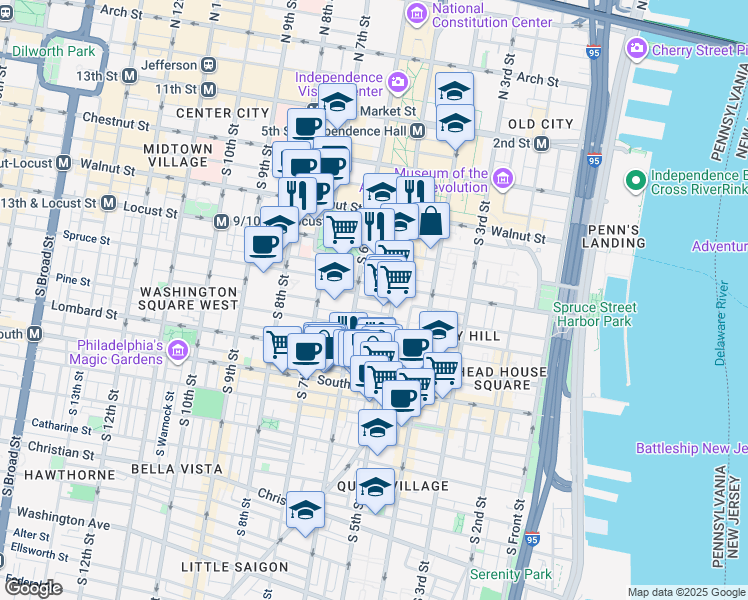 map of restaurants, bars, coffee shops, grocery stores, and more near 522 Cypress Street in Philadelphia